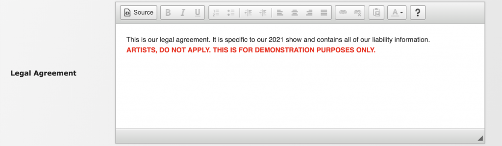 Image depicts the legal agreement section of the Event Information builder