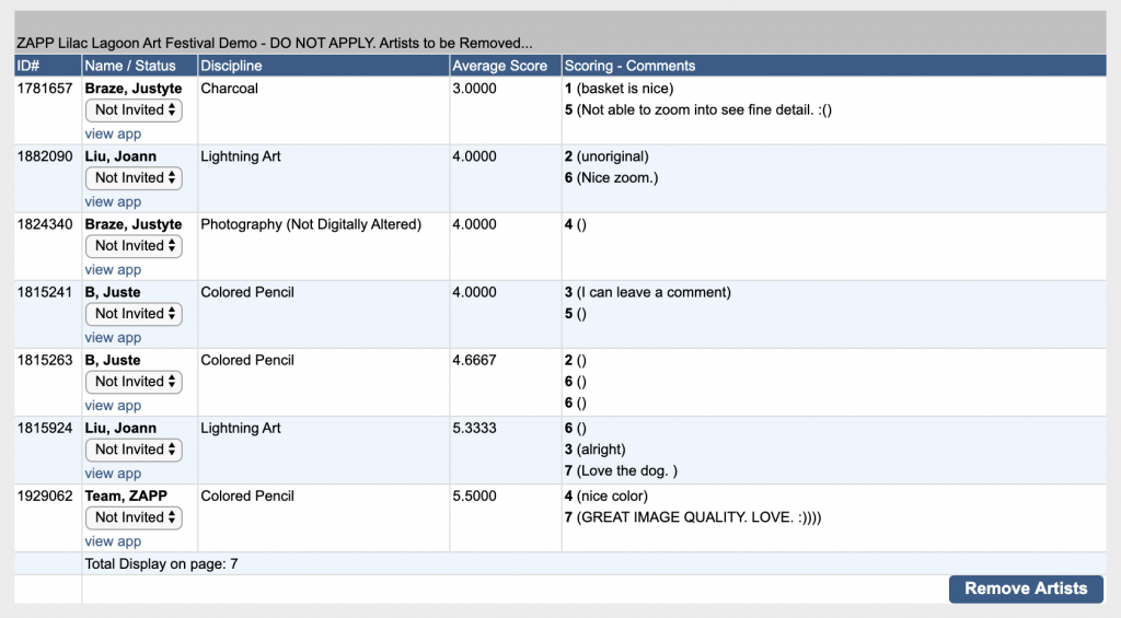 Image depicts a table of artists to be removed from the jury pool. The Application ID, Name, Status, Discipline, Average Score, and Scoring - Comments are visible for all artists listed. Underneath the table there is a "Remove Artists" button.