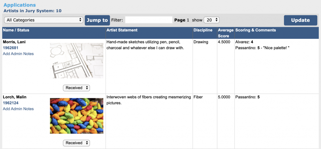 Image depicts the application table on the Jury Administration page. All categories are showing and you can see the average score for the first applicant is 4.5. The average score for the second applicant is 5.0. For both artists you can see the juror scores and comments.