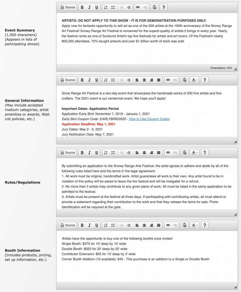 Image depicts the Event Summary, General Information, Rules/Regulations, and Booth Information sections of the Event Information builder.