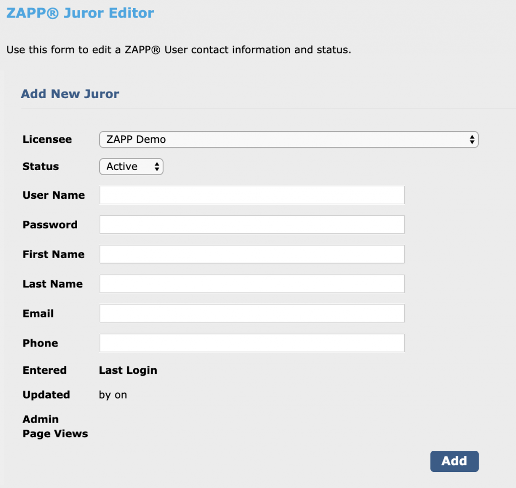 Image depicts the Add New Juror page. All fields are blank.