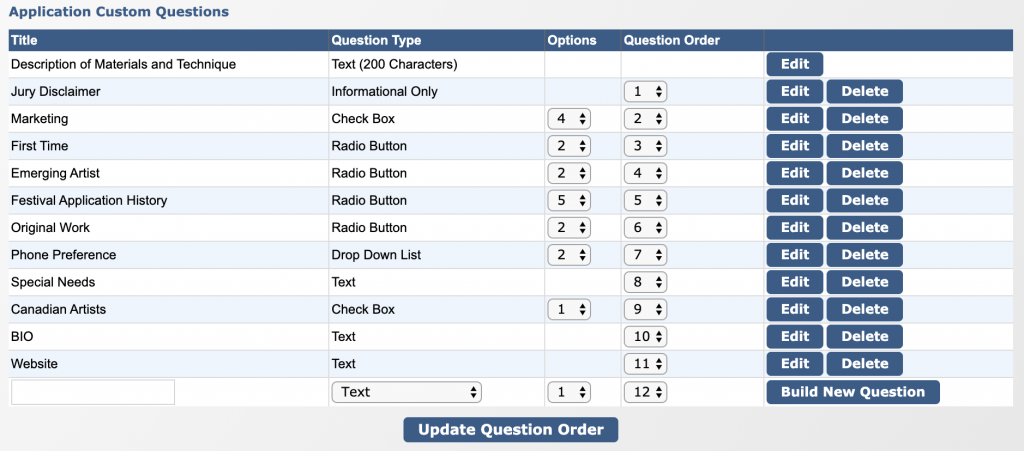 Image depicts the Application Custom Questions Table.