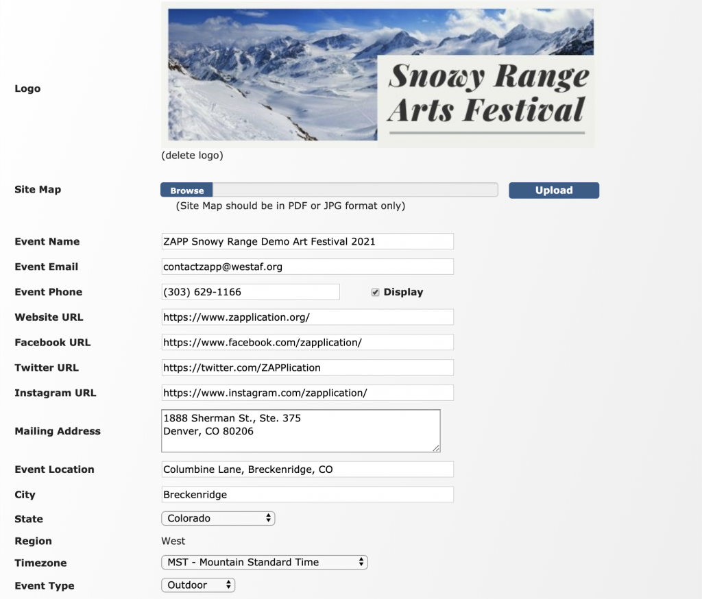 Image depicts the first section of the Event Information editor within the Event Editor. It includes: the logo, site map, event name, event email, event phone, website URL, Facebook URL, Twitter URL, Instagram URL, mailing address, event location, city, state, region, timezone, and event type.