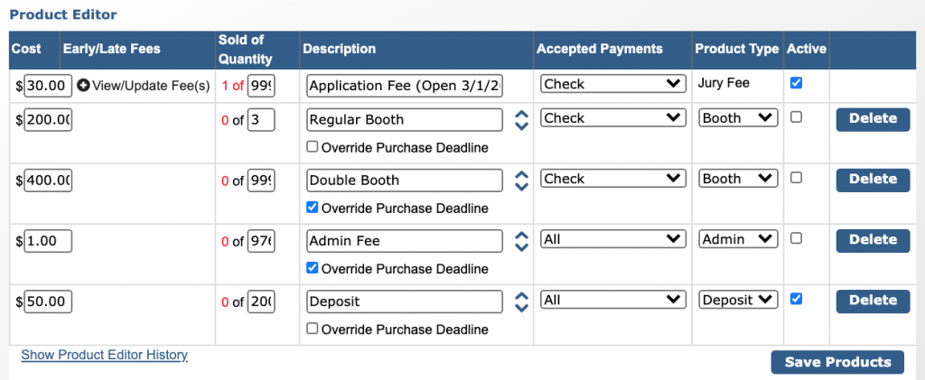 Image of the Product Editor with five products showing: Application Fee, Regular Booth, Double Booth, Admin Fee, and Deposit