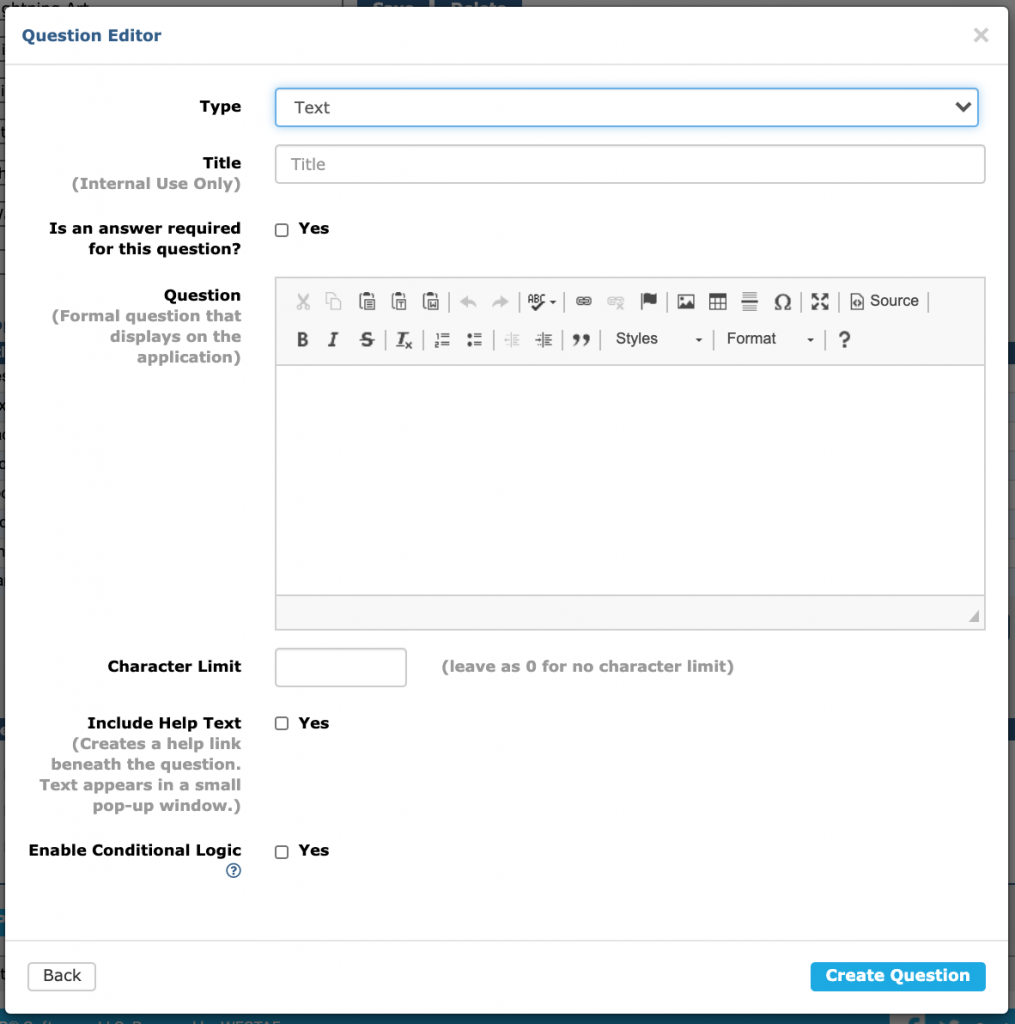 An image of the custom question editor. Question type is set to "Text."