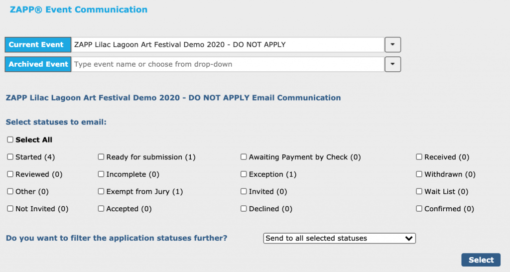 Image displays the ZAPP Communication page. Various checkboxes display for the different statuses and events can also filter by tags via a dropdown.