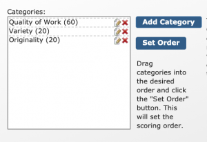 Image of the onsite scoring categories box. Three categories are listed: Quality of Work (60), Variety (20), Originality (20). To the right of the box, there is a button to add a category and another to set the order. Under those buttons, there is help text that reads 'Drag categories into the desired order and click the "Set Order" button. This will set the scoring order.